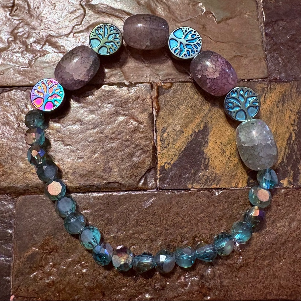Mystic Tree Charm Bracelet with Blue and Purple Beads
